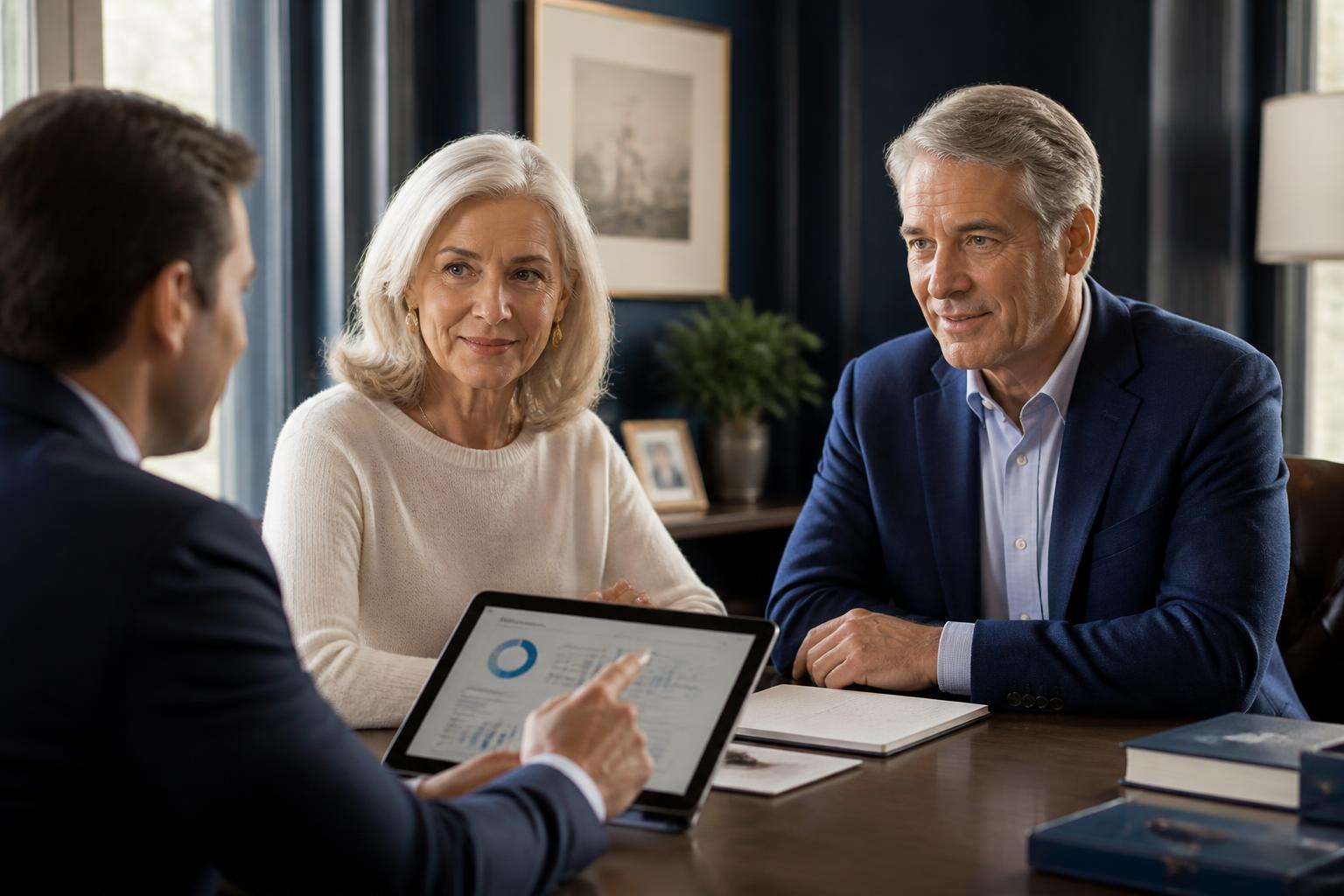 Retired couple reviewing their retirement portfolio with an advisor