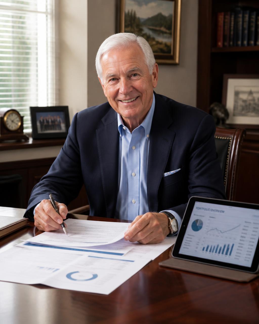 Retired man reviewing retirement planning documents and portfolio charts